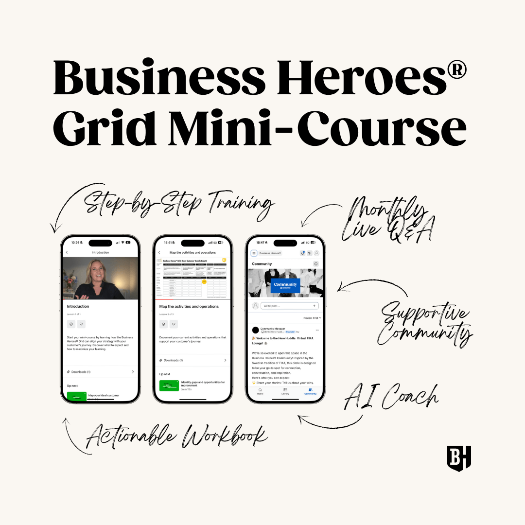 The Business Heroes® Grid Training teaches you a step-by-step framework to map out, analyze, and optimize your business to attract more clients, increase revenue, and create a predictable, stress-free business.